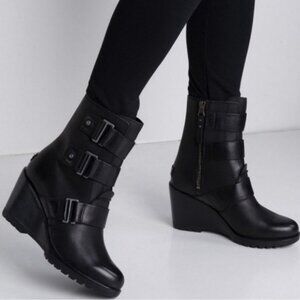 SOREL After Hours Wedge Black Leather Moto Bootie